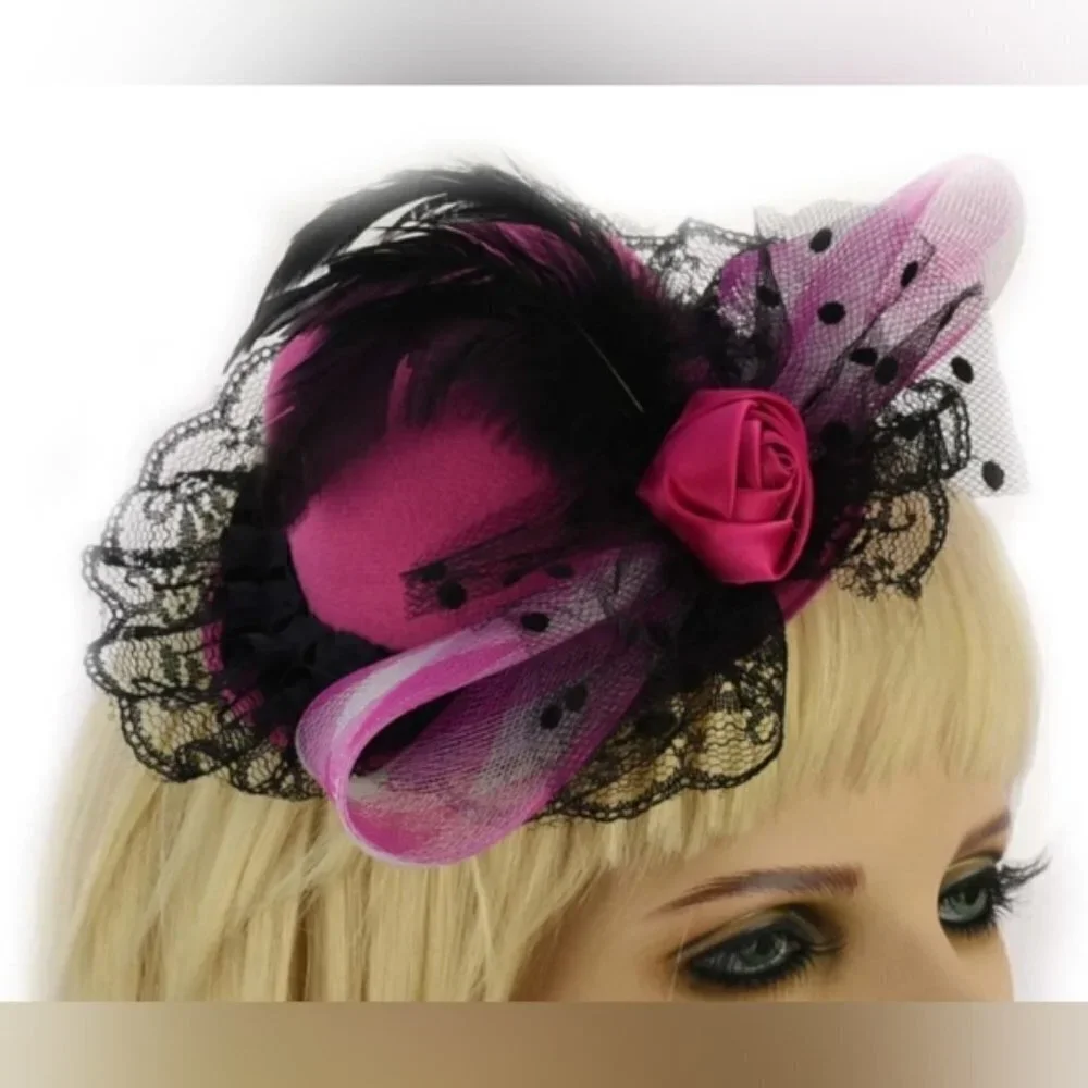 Pink Mini Top Hat Fascinator Lace Feather Derby Tea Party Costume